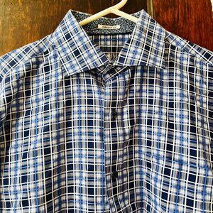 Bugatchi Uomo Mens Blue/Violet Plaid Shaped Fit, Long Sleeve Shirt, Medium